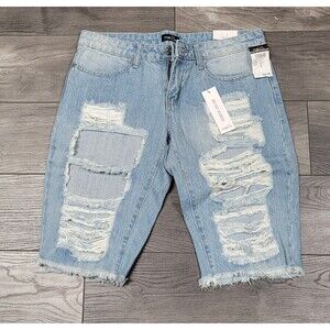 Rue 21 Women’s Distressed Fringe Mid Rise Bermuda Shorts Denim Size 4 NWT